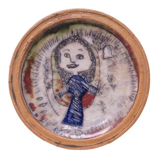 1970 Outsider Art Figural Stoneware Decorative Plate For Sale