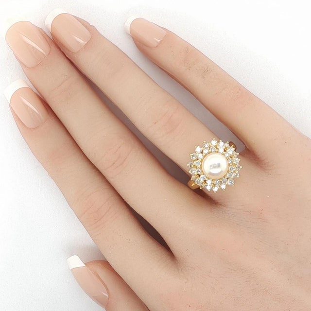 Mid 20th Century Mid 20th Century Diamonds & Pearl 18k Yellow Gold Cocktail Ring Size 6.5 For Sale - Image 5 of 5