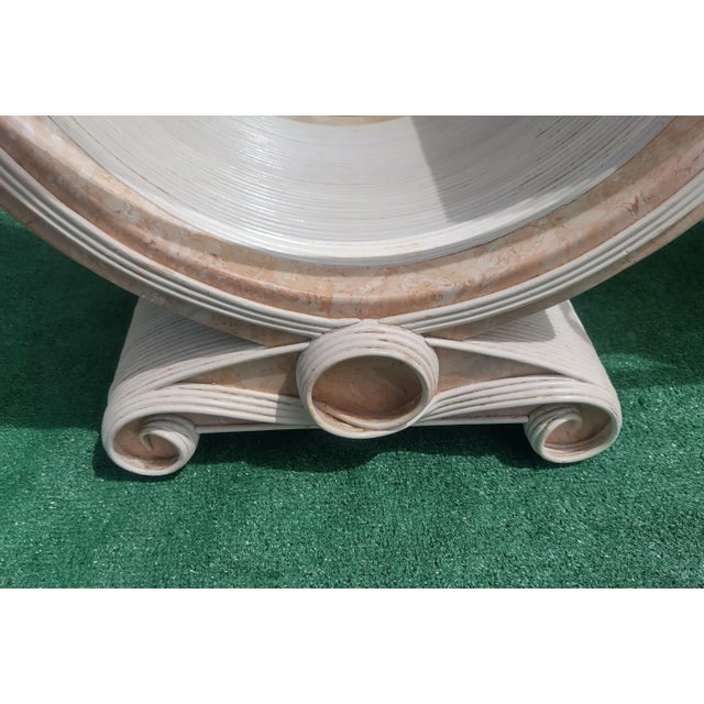 Cream Vintage Molded Pencil Reed Betty Cobonpue Faux Peach Marble Mid Century Bent U Shape Swirl Leg Coffee Table For Sale - Image 8 of 10