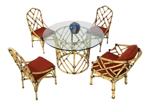McGuire 7 Pieces Bamboo Dining Set Round Glass Top Table Two Arm Chairs Leather