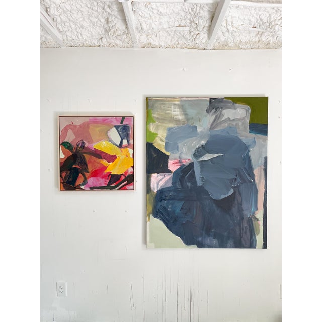 Large scale abstract work on wood panel. This piece by Allison James features dark navy, earthy greens, and hints of...