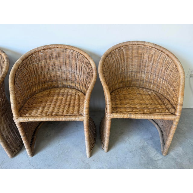 Wood 1970’s Vintage Coastal Organic Woven Wicker Barrel Back Dining Chairs – Set of 4 For Sale - Image 7 of 12