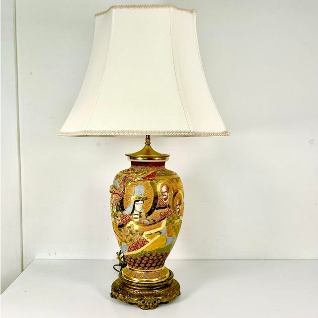 Mustard Vintage Hand Painted Japanese Satsuma Moriage Ironstone Table Lamp With Raised Relief Dragon For Sale - Image 8 of 17