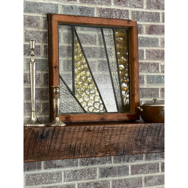 Antique Glass Wood Frame Stained Prairie School Window - Geometric Reversible Wood Frame For Sale - Image 4 of 10