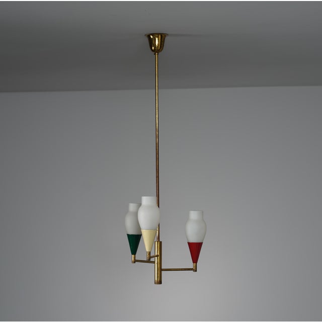 Mid-Century Modern Vintage Italian Brass and Opaline Glass Chandelier, 1950s For Sale - Image 3 of 9