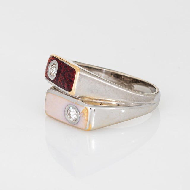 80s Portuguese Enamel Cube Ring 19k White Gold Double Band Sz 6 Fine Jewelry For Sale - Image 4 of 7
