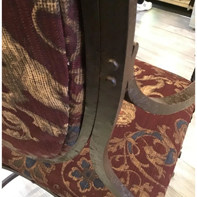 1890s Vintage Handmade Wrought Iron & Burnished Brass Throne Chair with Armorial Fabric For Sale - Image 12 of 13