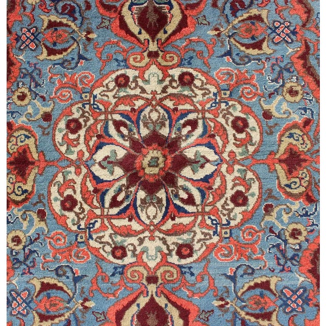 Blue Antique Sivas Fine Rug With Blue Background Wine Border and Intricate Design For Sale - Image 8 of 11