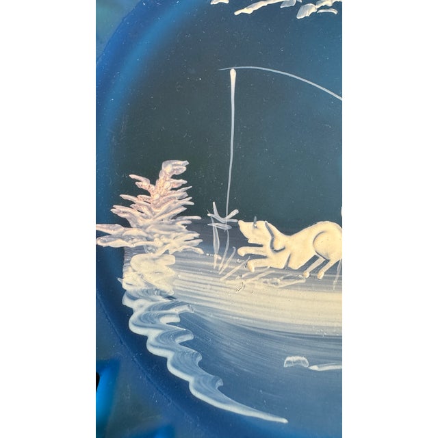 Westmoreland Blue Glass Plate – Mary Gregory Style, Signed Boy Fishing, 1973 Pristine For Sale - Image 9 of 13