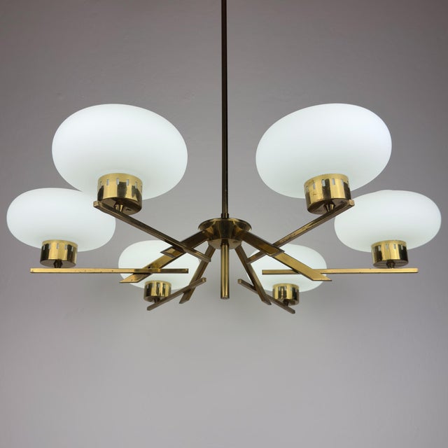Mid-Century Brass and Opaline Glass Chandelier from Stilnovo, Italy, 1970s For Sale - Image 13 of 18
