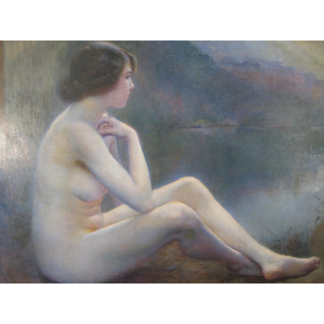 Beautiful oil painting of a nude lady sitting by a lake is rendered in stunning detail and texture. 42" H x 60" W x 2" D F5