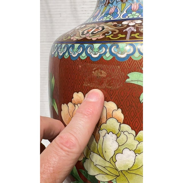 Pair of lovely vintage table lamps crafted from Chinese cloisonne vases with exotic birds perched on flowering tree...