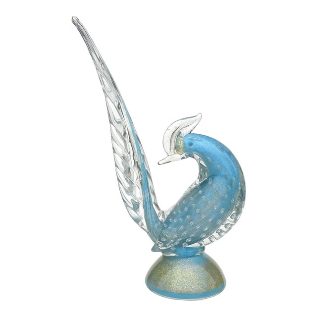 Vintage Murano Barbini Sky Blue Gold Flecks Italian Art Glass Mid Century Pheasant Bird Sculpture For Sale