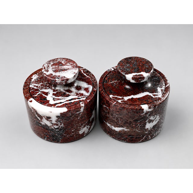 Modern Handcrafted Marble Salt Cellar Set of 2 – Red Marble Lidded Salt & Spice Containers For Sale - Image 3 of 8