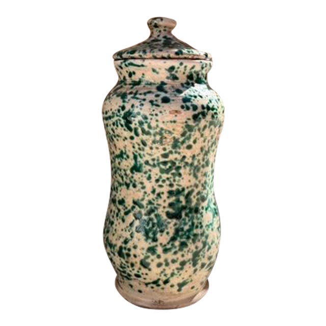 19th Century Italian Yeast Jar With Lid From Grottaglie, Puglia — Green Splash Glaze For Sale