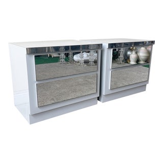 1980s Postmodern Gray Lacquer Laminate Nightstands With Mirrored Drawers - a Pair For Sale