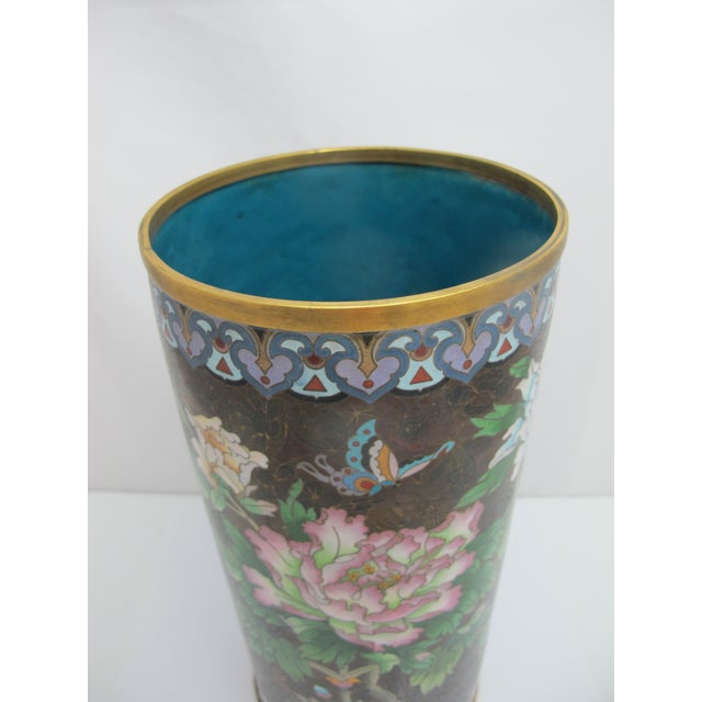 Large Cloisonne Enamel Flower & Butterfly Vase or Umbrella Stand For Sale - Image 9 of 12