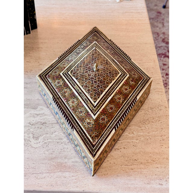 Antique Middle Eastern Marquetry Jewelry Box With Brass Inlay, Circa 1920 For Sale - Image 10 of 13