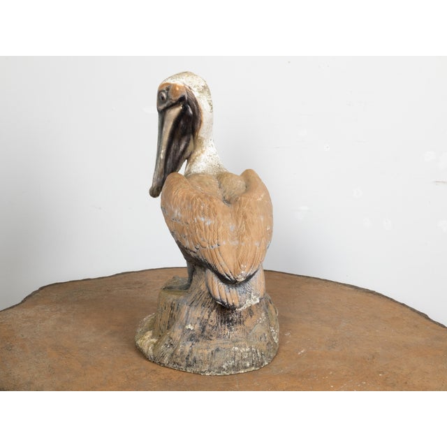 Brown Midcentury Painted Concrete Pelican Sculpture on Base with Distressed Patina For Sale - Image 8 of 12