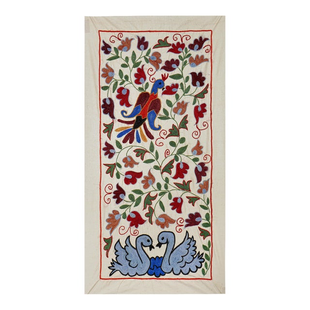 Suzani Embroidered Wall Hanging With Bird & Duck For Sale