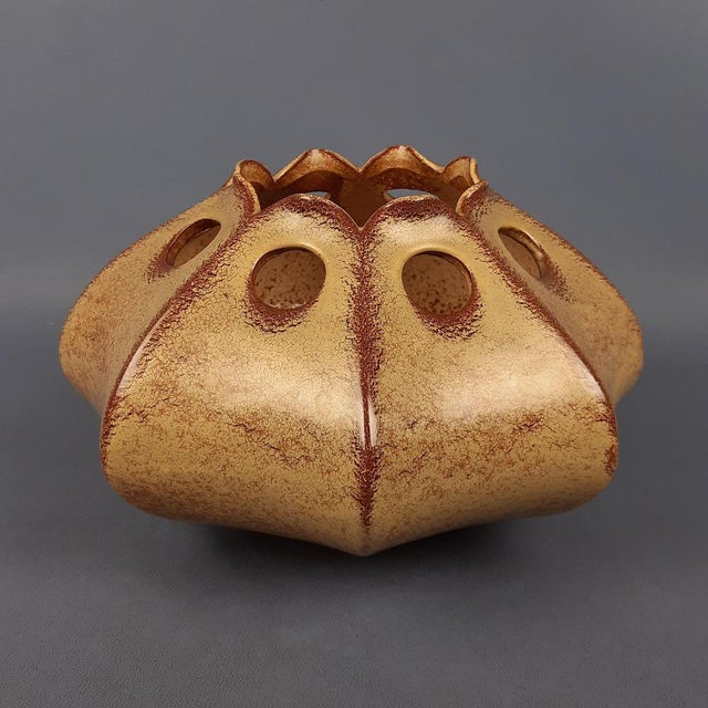 Spectacular modernist vase, handcrafted in brown and shaded beige majolica ceramic, designed by Giovanni Bertoncello and...