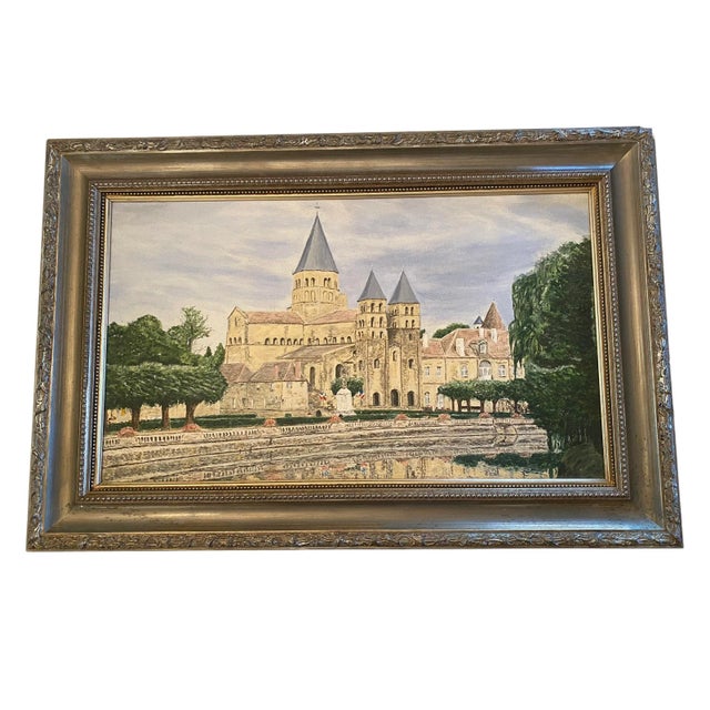 1980’s French Oil on Canvas Still Life “Basilica of Paray-Le-Movial” by Artist J. Woodward. This lovely painting is in...