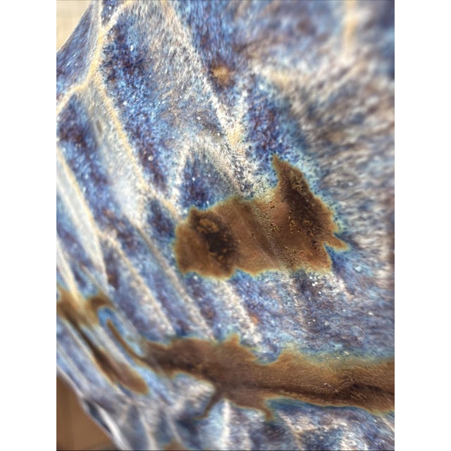 Wood 1980s Signed Studio Pottery Flask 7.5” Blue & Amber Textured Art Pottery w Cork For Sale - Image 7 of 7