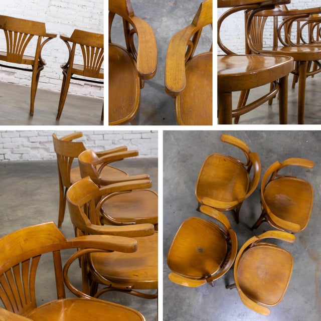 Late 19th Century Bauhaus Beech Bentwood Thonet Style Fan Back Captains Armchairs Set of 4 For Sale - Image 17 of 18