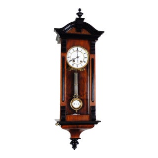 1885 Antique German Model 587 With Carved Black Columns Mechanical Wooden Wall Clock With Pendulum by Lenzkirch For Sale