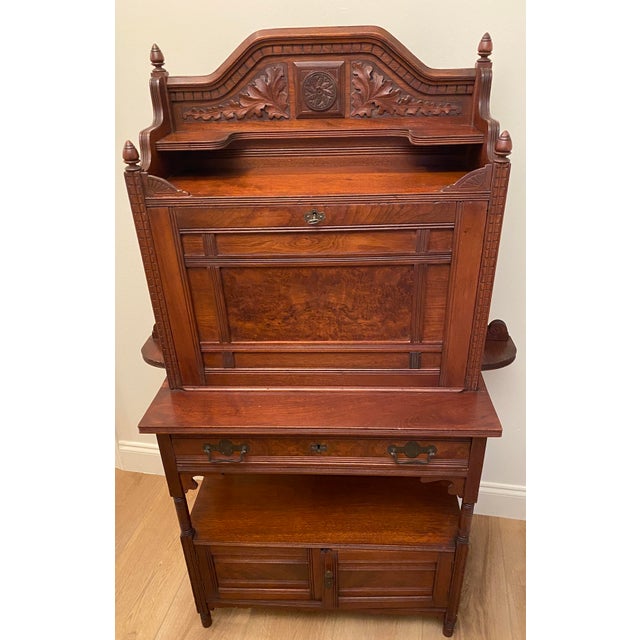 Antique Victorian Art Nouveau Carved Walnut Secretary Desk, Late 19th Century For Sale - Image 4 of 8
