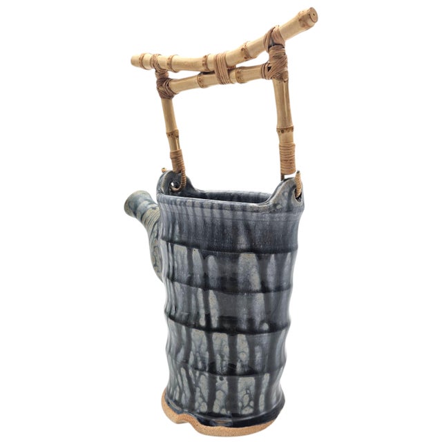 Contemporary John Kinder Bend Oregon Studio Pottery Teapot Planter Bamboo Handle 12.5" For Sale - Image 3 of 13
