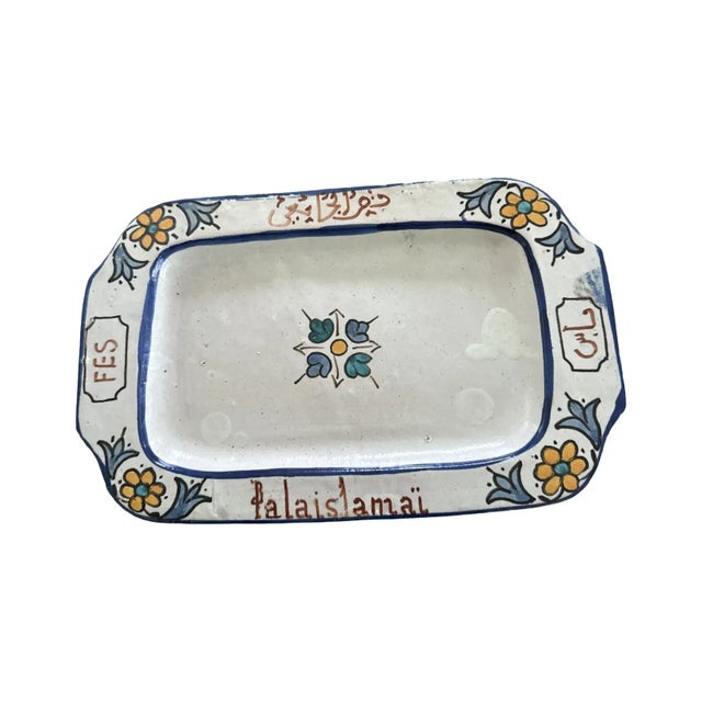 This is a beautifully handmade Moroccan pottery tray commemorating the historic Palais Jamai in Fes, Morocco. The tray...
