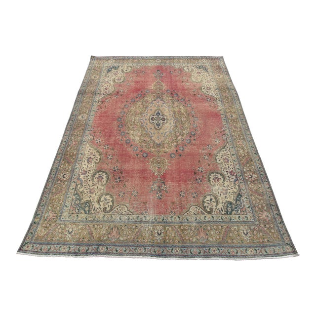 Tabriz Rug 9’5” X 12’11” Pink Wool Vintage Distressed Hand-Knotted Carpet For Sale
