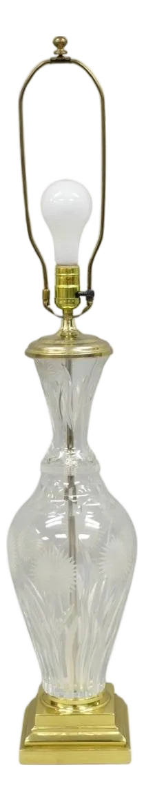 Vintage French Style Cut Crystal Glass Etched "Tulip Flower" Brass Table Lamp
