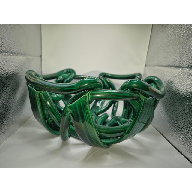 Postmodern Green Ceramic Braided Woven Abstract Centerpiece Bowl For Sale - Image 4 of 11