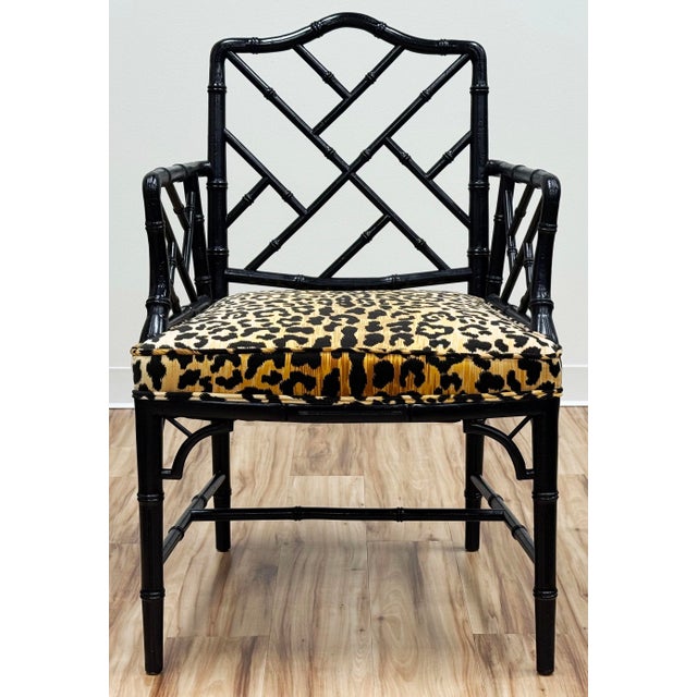 Vintage Chippendale Style Black Faux Bamboo Arm Chair With Leopard Print Velvet Upholstery For Sale - Image 4 of 11