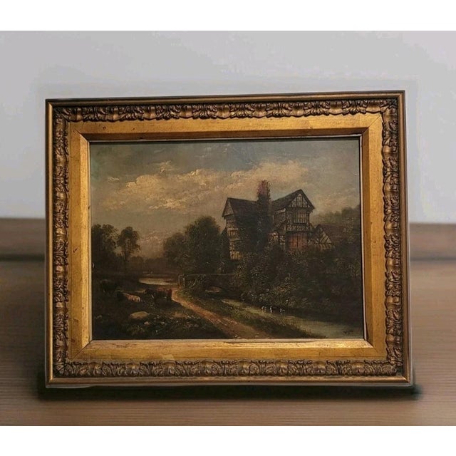 English Antique Original Oil Painting English Tudor House Landscape by William Yale Circa 19th Century For Sale - Image 3 of 12