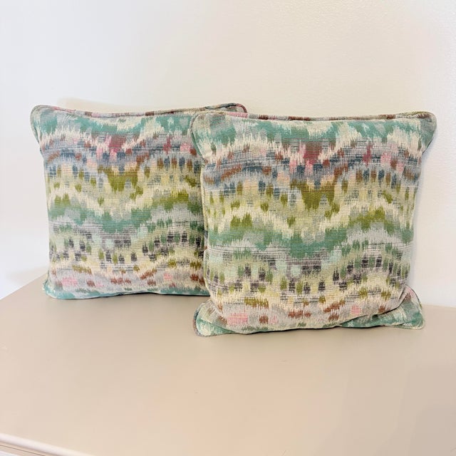 Cream Decorative Throw Pillows in Robert Allen Watercolor Ikat Jacquard Fabric, a Pair For Sale - Image 8 of 9