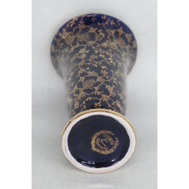 Mid-Century Modern Bavaria Germany Glass Small Cobalt Blue and Gold Floral Design Bud Vase For Sale - Image 3 of 8