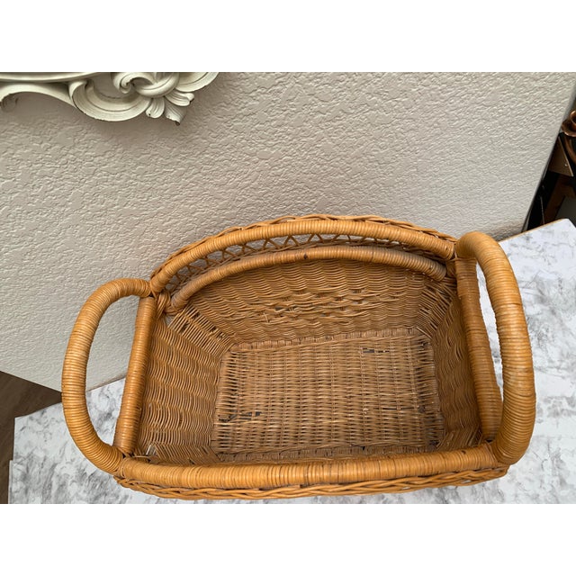 Tan Vintage Wood Wicker Honey Toned Storage Basket For Sale - Image 8 of 10