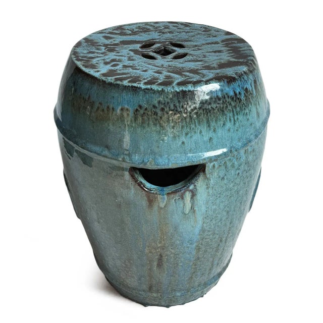 Vintage Ocean Blue Ceramic Garden Stool For Sale In Los Angeles - Image 6 of 9