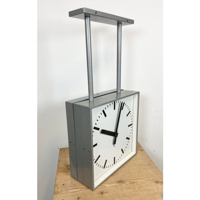 Gray Large Square Industrial Double-Sided Factory Clock from Pragotron, 1960s For Sale - Image 8 of 17
