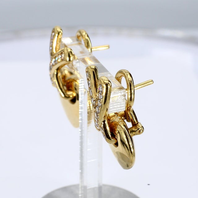 Modern Late 20th Century Pair of 18k Yellow Gold Heart Shaped Earrings With Diamond Accents For Sale - Image 3 of 4