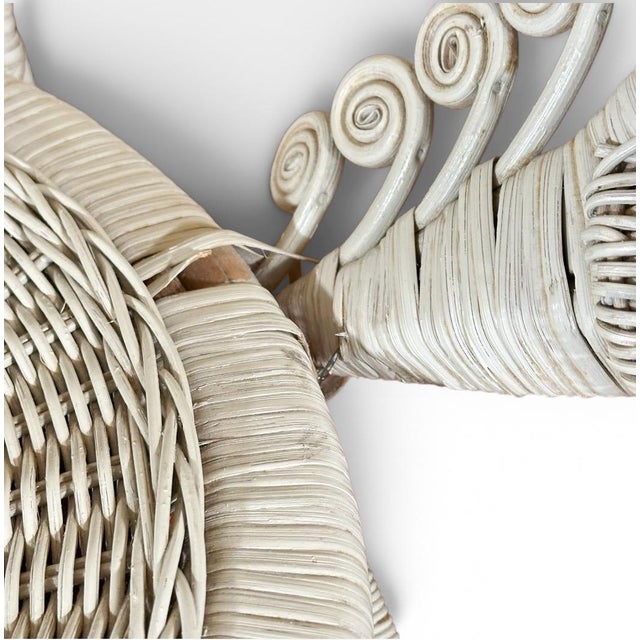 Vintage Boho Chic White Wicker Peacock Fan Back Chairs With Custom Cushions Pair For Sale - Image 16 of 16