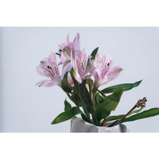 The Bee and Mother Nature by Karina Rodríguez | Oil on panel Still life of pink flowers in a vase For Sale