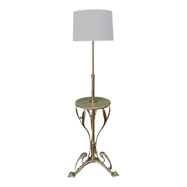 Art Nouveau Floor Lamp of Brass With Table Top of Green Onyx Marble From France For Sale