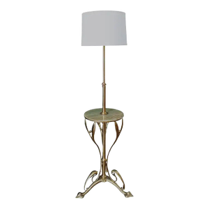 Art Nouveau Floor Lamp of Brass With Table Top of Green Onyx Marble From France
