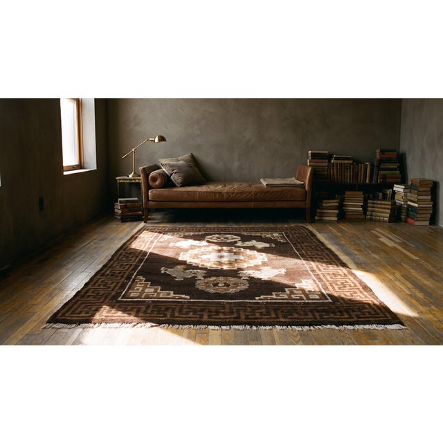 Brown 1900s Brown Medallion Antique Chinese Mongolian Rug 5' 9''x7' 10'' Handknotted Wool Carpet For Sale - Image 8 of 10