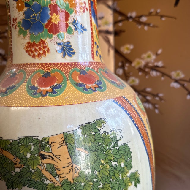 Large Vintage Asian Style Hand Painted Satsuma Orange Vase For Sale - Image 4 of 12