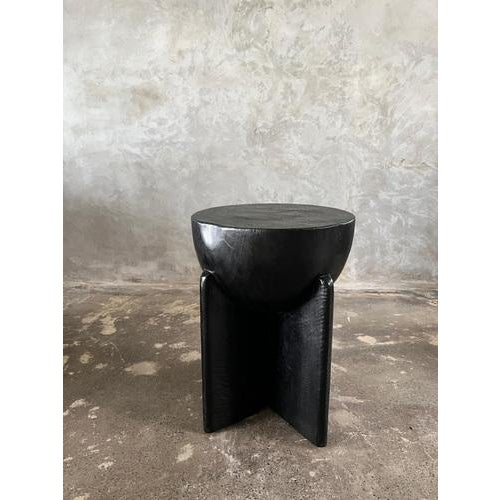 Contemporary Blackened Mango Wood Stool with Semi-Circular Seat with Crossed Base For Sale - Image 3 of 18